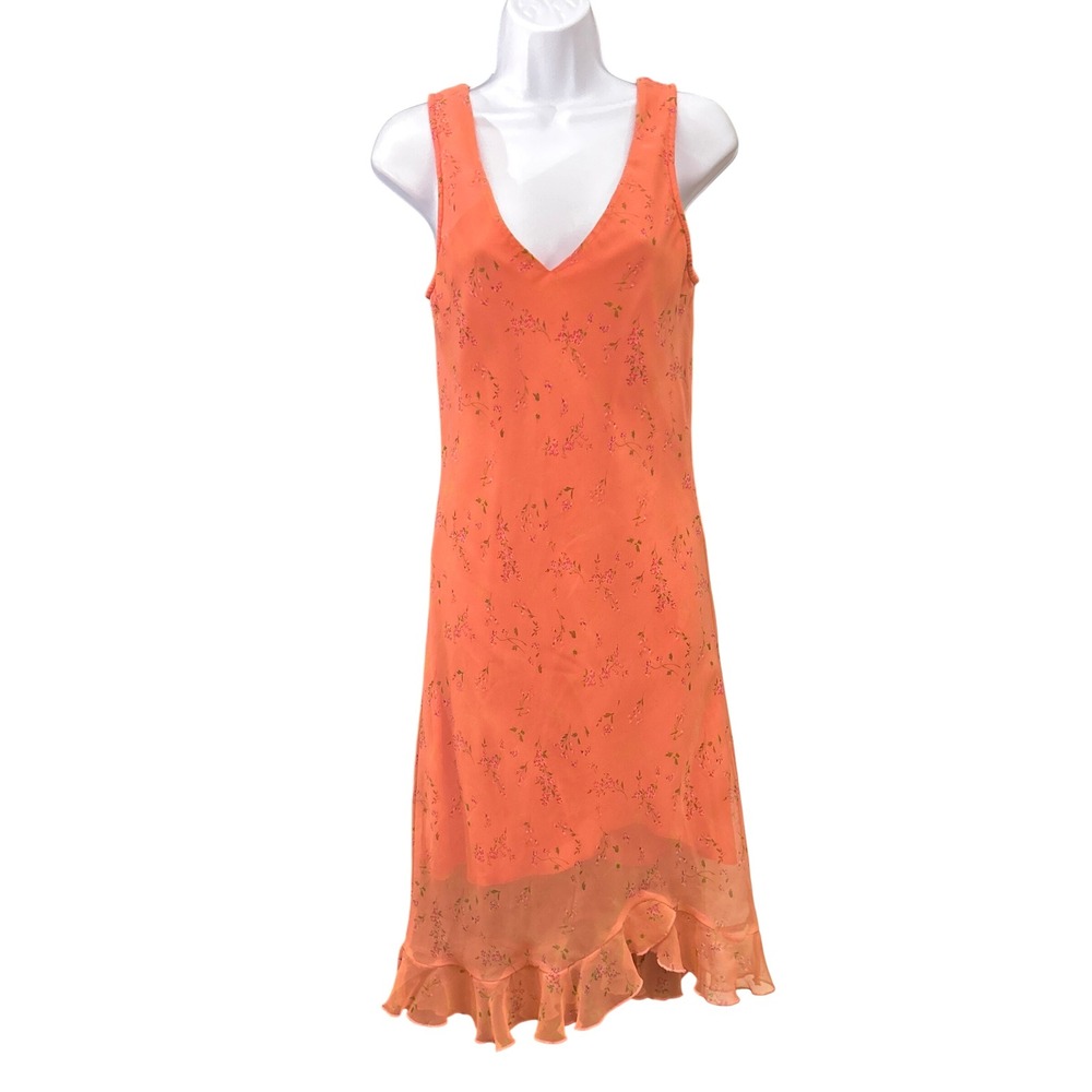 Floral Midi Dress Coral Sleeveless Ruffle Hem V Neck Summer Occasion